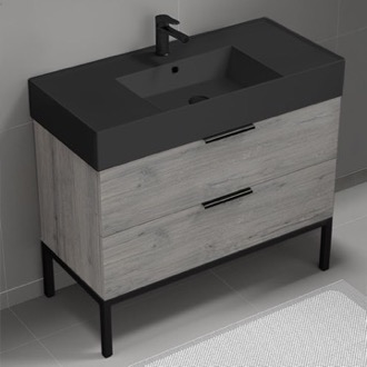 Bathroom Vanity Grey Oak Bathroom Vanity With Black Sink, Free Standing, Modern, 40
